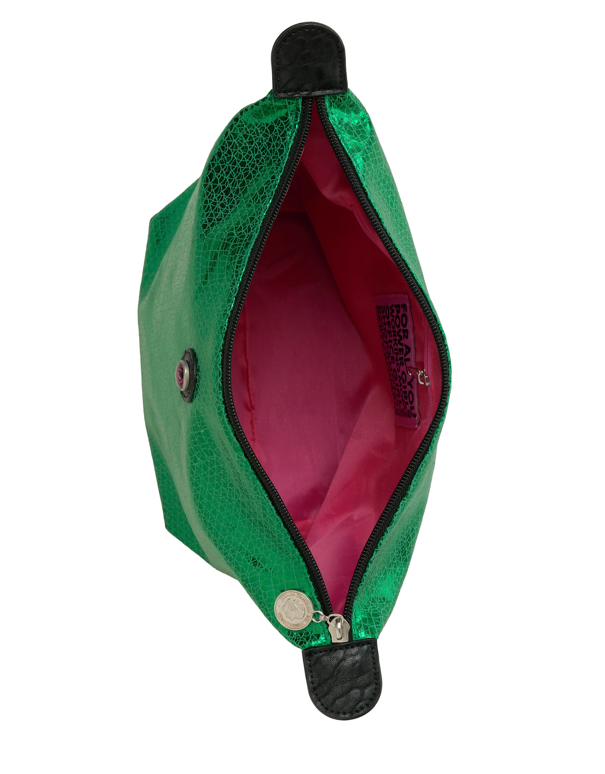Metallicgroene VENEZIA-toilettas met roze voering en ronde ritssluiting, gezien van bovenaf.