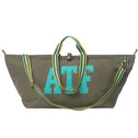 ATF large khaki canvas tote bag with striped handles and shoulder strap on a white background
