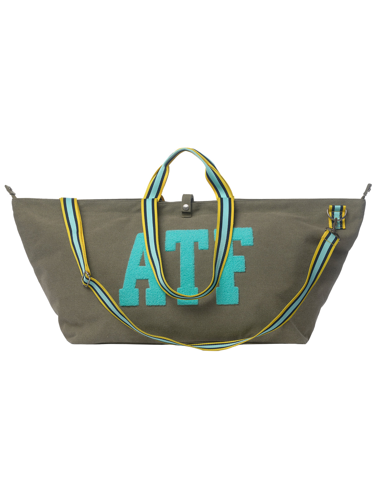 Khaki canvas tote bag with striped handles, shoulder strap, unisex gym style by All-time Favourites BROOKLYN.