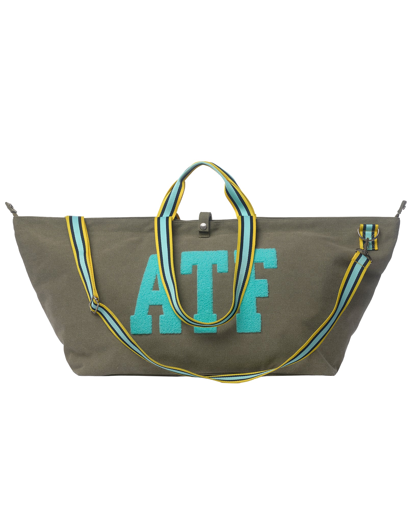 ATF large khaki canvas tote bag with striped handles and shoulder strap on a white background
