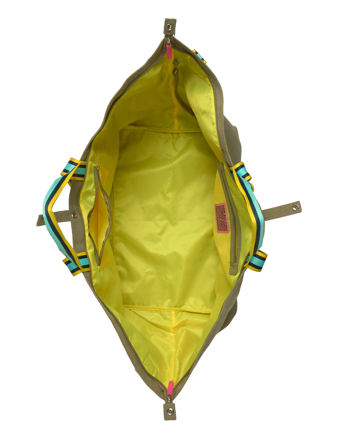 Khaki canvas tote bag with yellow interior, striped handles, and inner pocket by All-time Favourites—top view.
