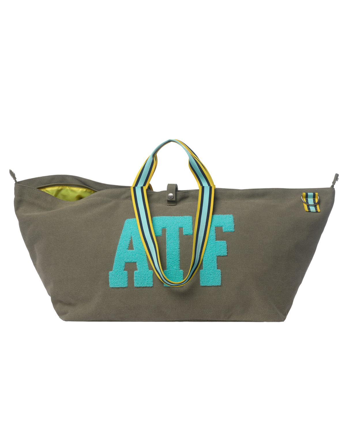 Khaki canvas large tote bag BROOKLYN with striped handles and colorful patch, premium fashion accessory.