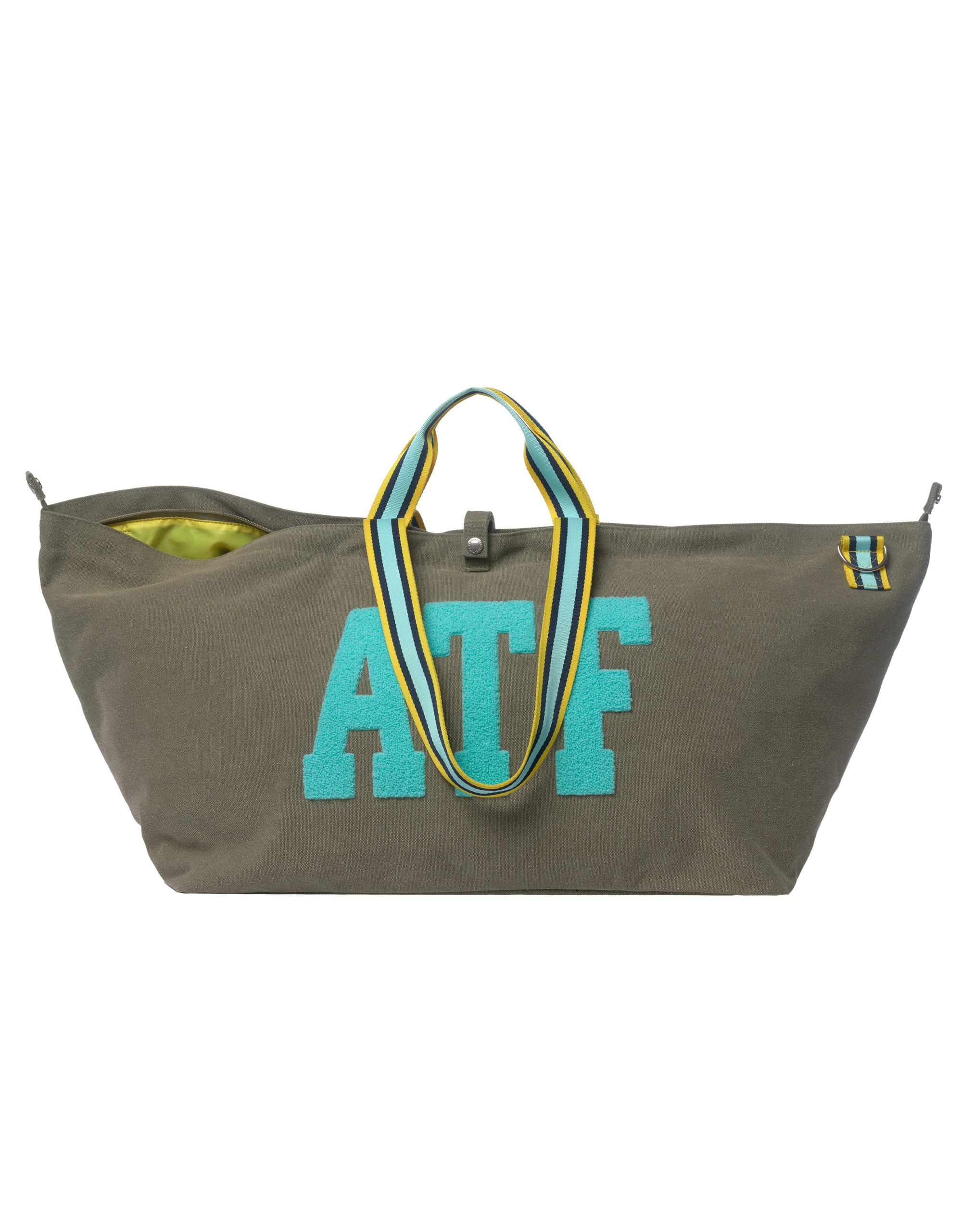 khaki tote bag with 'ATF' text on a white background