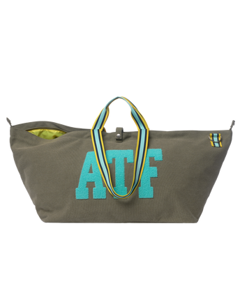 khaki tote bag with 'ATF' text on a white background