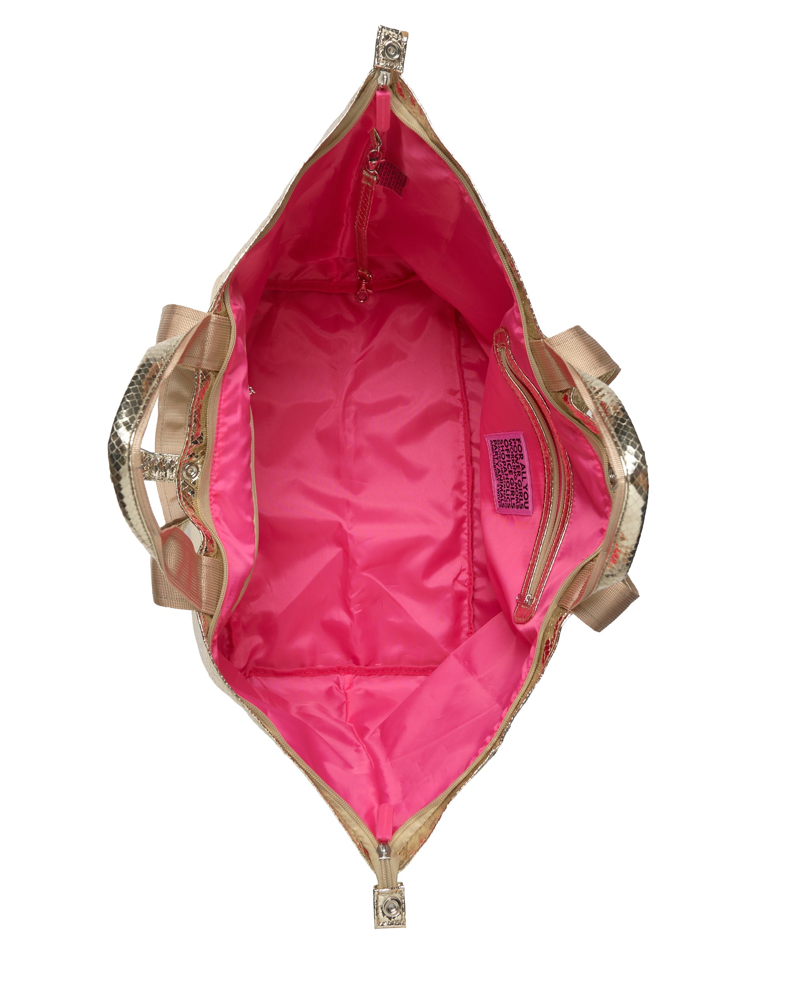 Interior view of a champagne gold metallic tote bag with pink lining and inner zip pockets