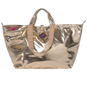 Metallic gold tote bag with beige handles on a white background