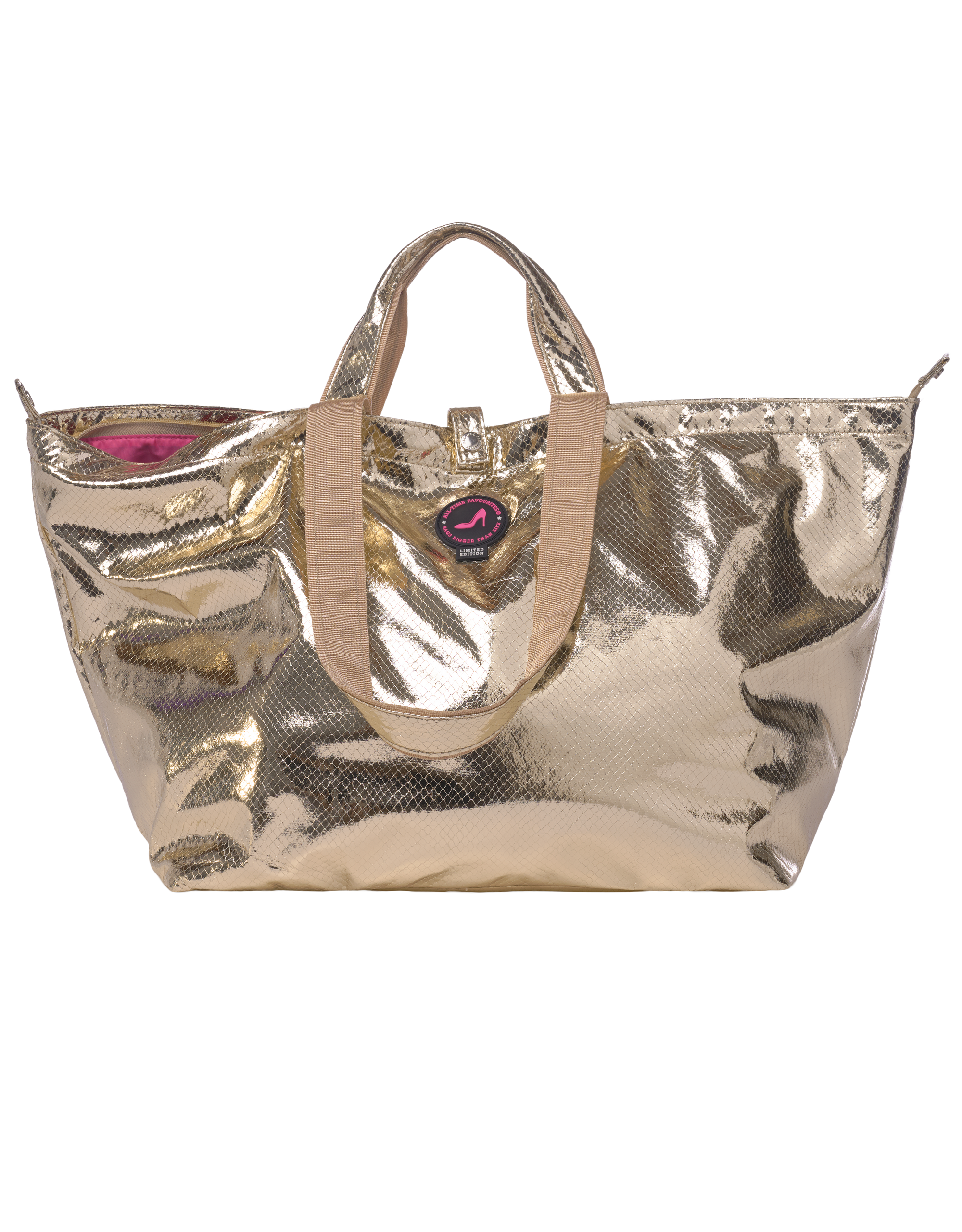 Metallic gold tote bag with beige handles on a white background