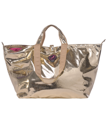 Metallic gold tote bag with beige handles on a white background