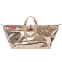 Gold metallic tote bag with pink interior on a white background