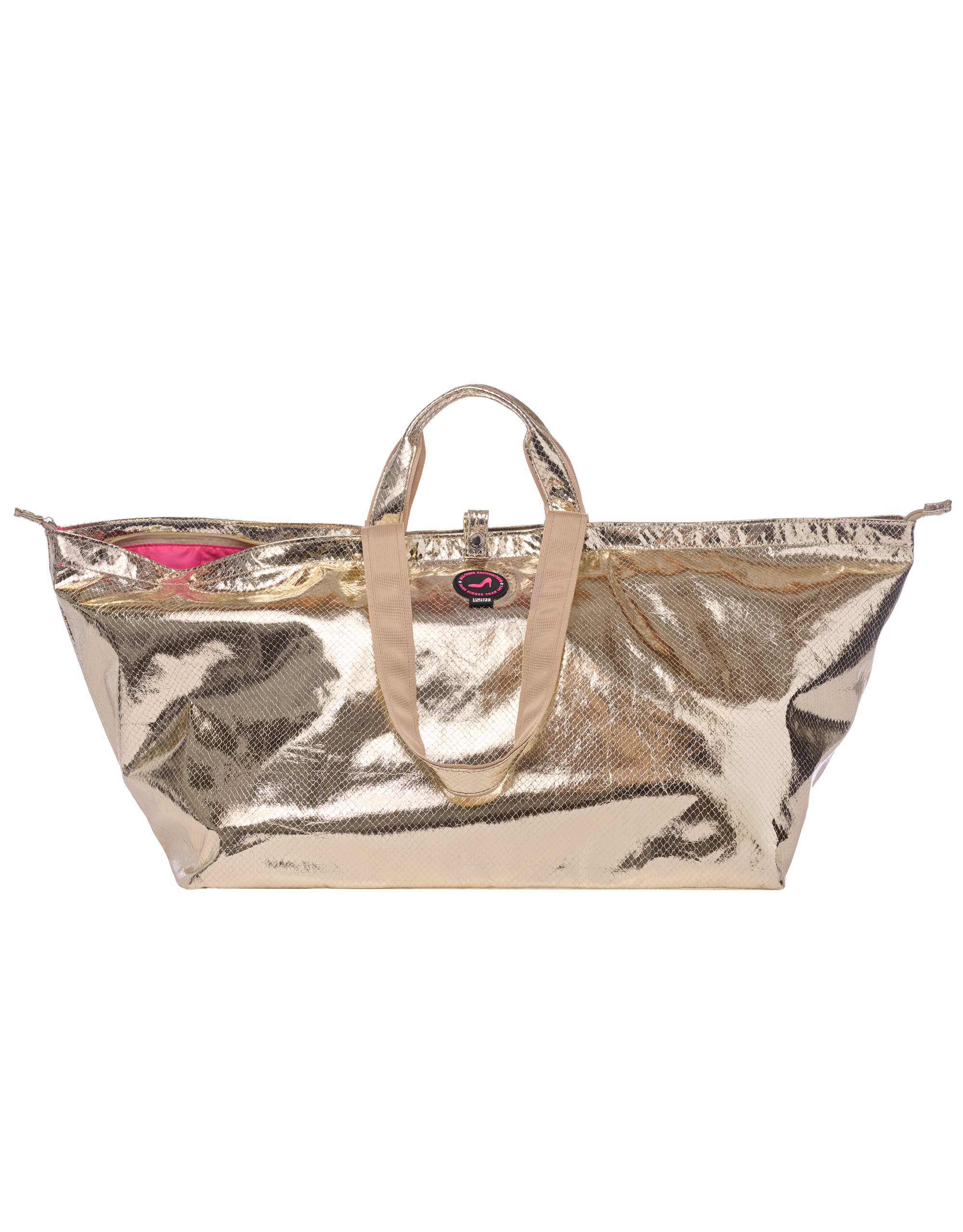 Gold metallic tote bag with pink interior on a white background