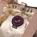 Close-up of a gold metallic tote bag with python texture and wide shoulder straps