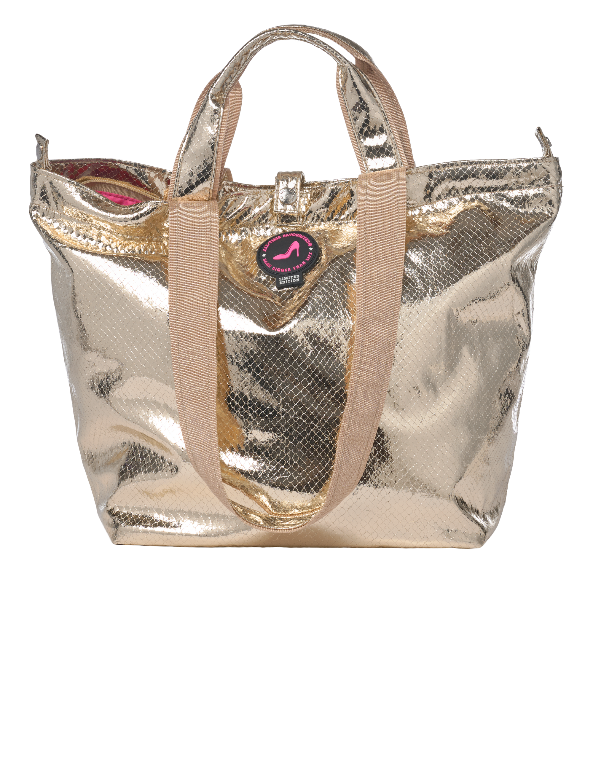 Metallic gold and beige handbag with a visible brand logo on a white background