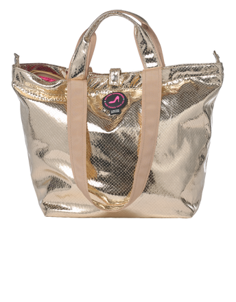 Metallic gold and beige handbag with a visible brand logo on a white background