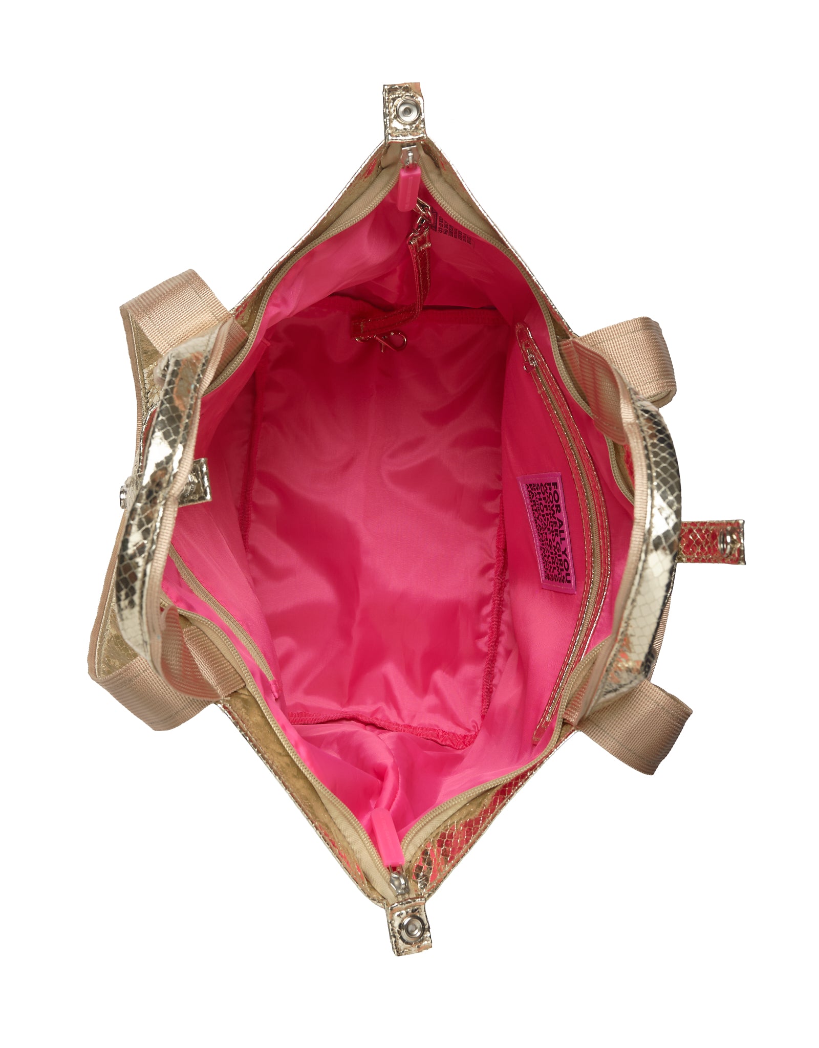 Gold handbag with pink interior on a white background