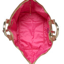 Interior view of a large gold tote bag with pink lining and inner zip pockets