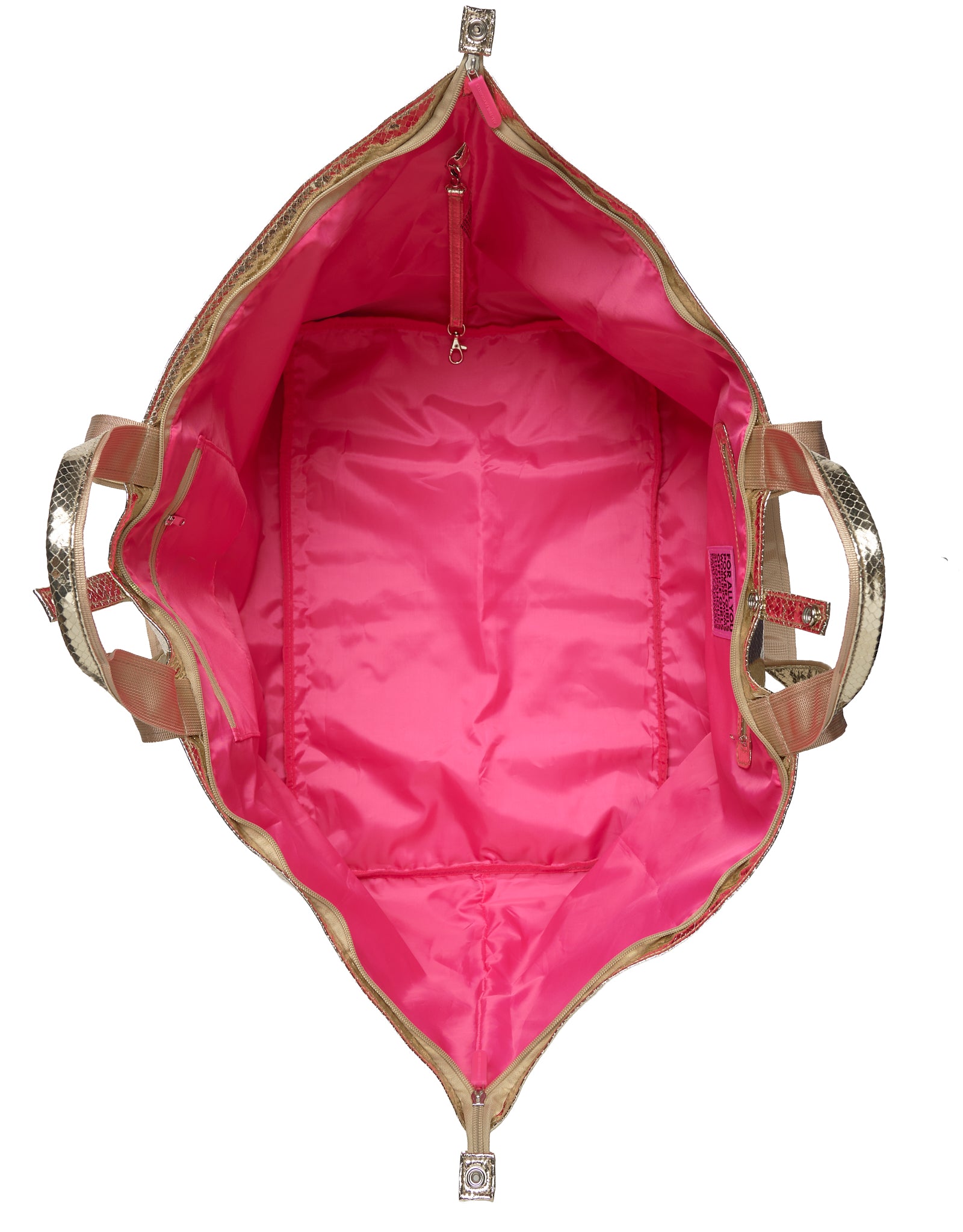 Interior view of a large gold tote bag with pink lining and inner zip pockets