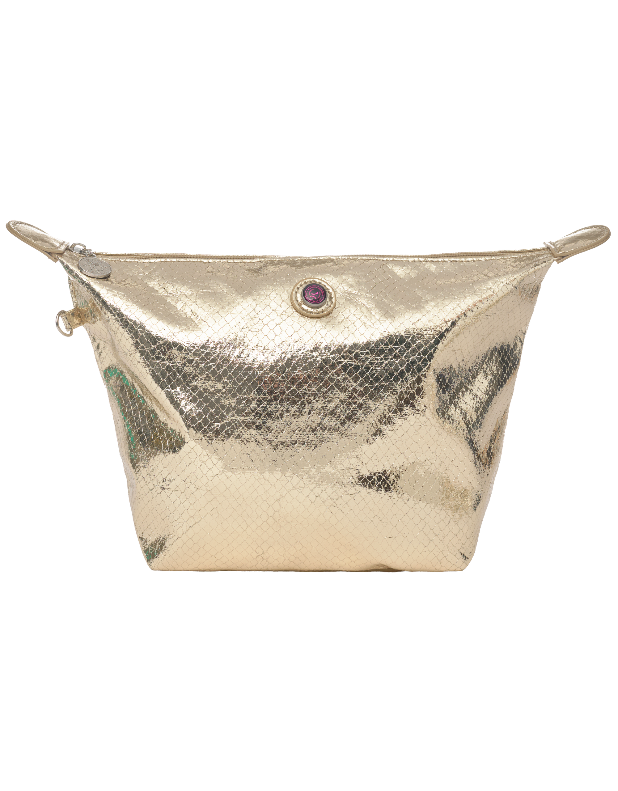 Gold metallic pouch with a black button on a white background