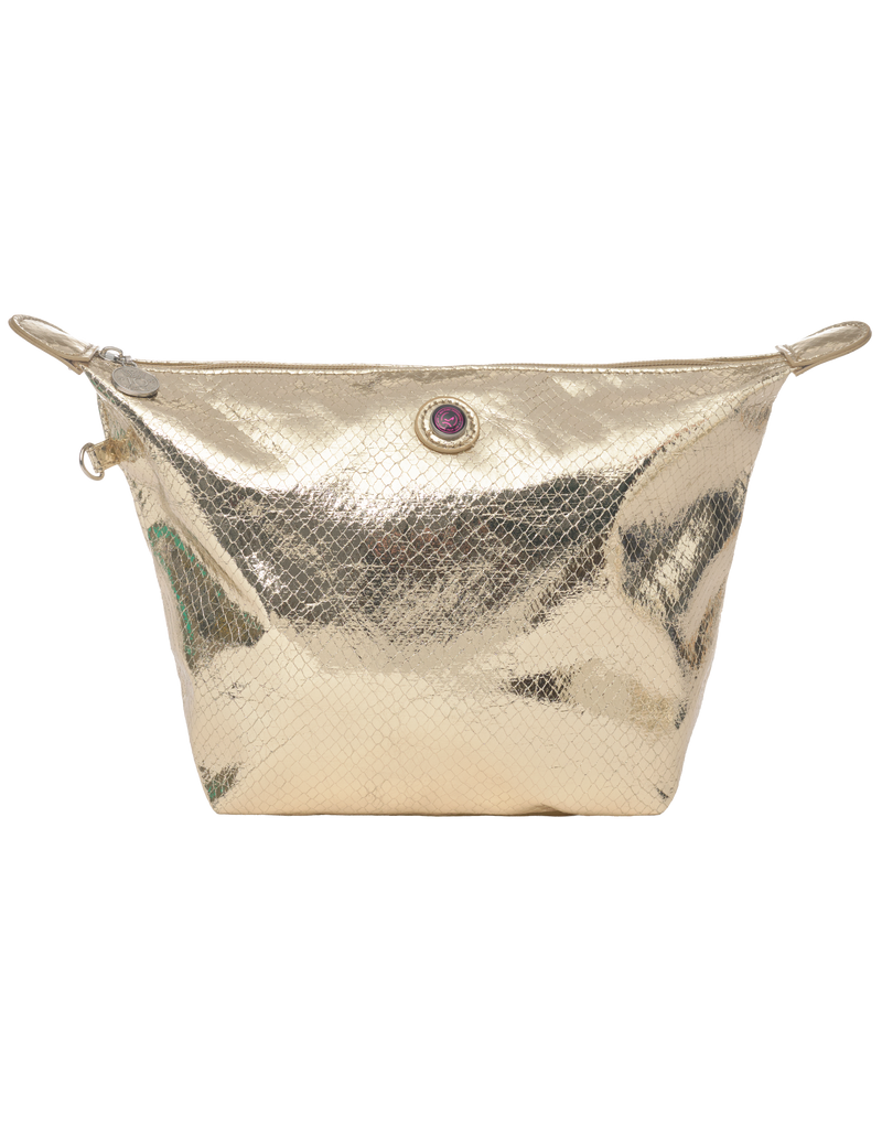 Gold metallic pouch with a black button on a white background