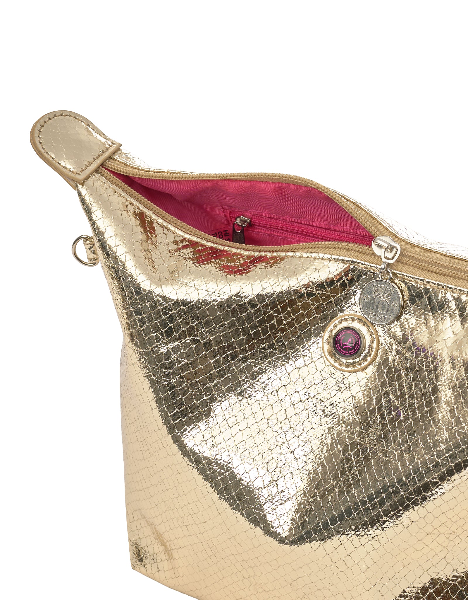 Detail of the champagne gold python print toiletry bag with inner zip pocket, coin zipper charm and logo