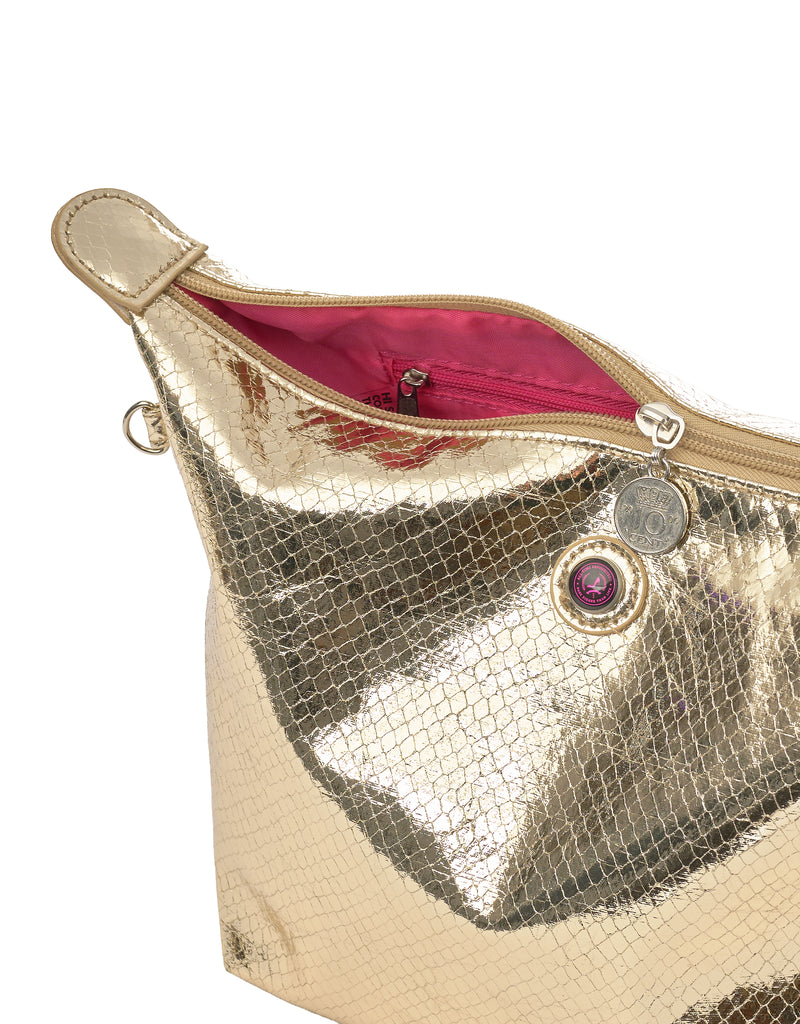Detail of the champagne gold python print toiletry bag with inner zip pocket, coin zipper charm and logo