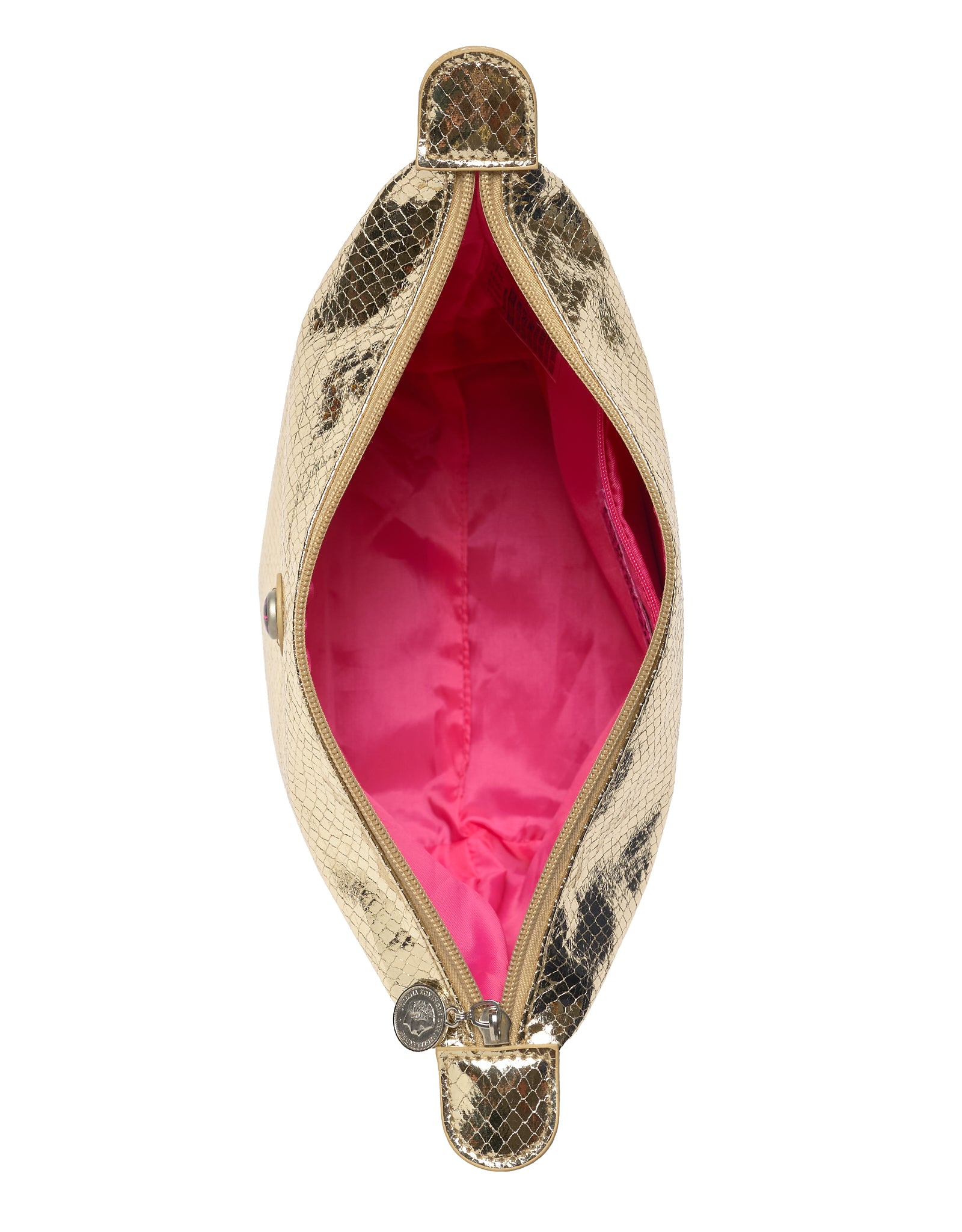 Champagne gold metallic python print toiletry bag opened, showing bright pink lining and zip closure