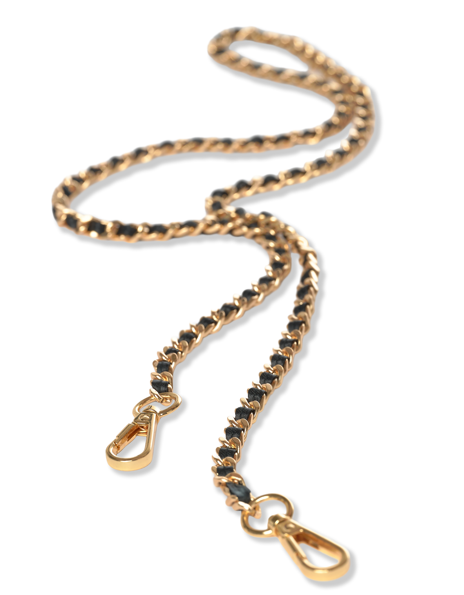 Gold crossbody chain with black leather and gold clips