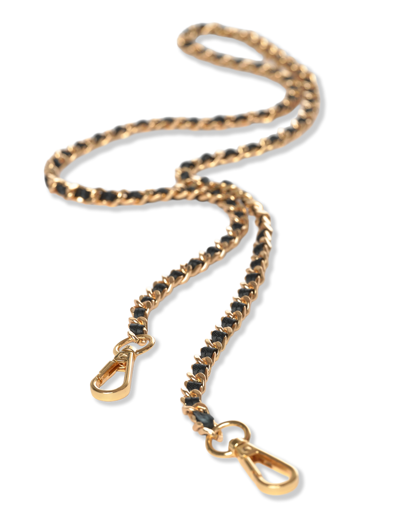 Gold crossbody chain with black leather and gold clips
