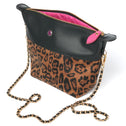 Leopard print crossbody bag with gold chain strap and black vegan leather