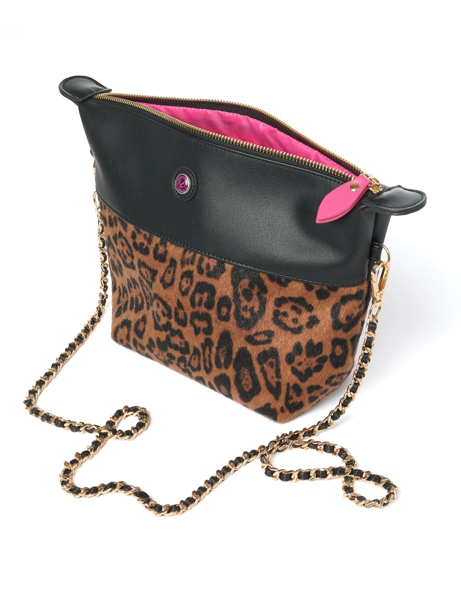 Leopard print crossbody bag with gold chain strap and black vegan leather