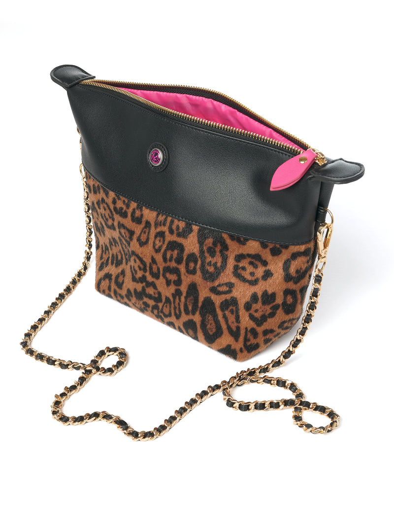 Leopard print crossbody bag with gold chain strap and black vegan leather