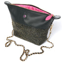 Crossbody clutch bag with black vegan leather, black raffia and gold chain strap