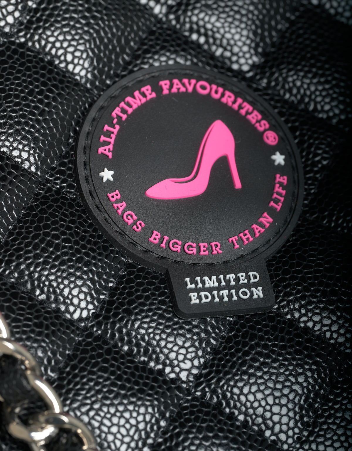 Black caviar leather small tote bag with pink heel patch, KATE by All-time Favourites, limited edition.