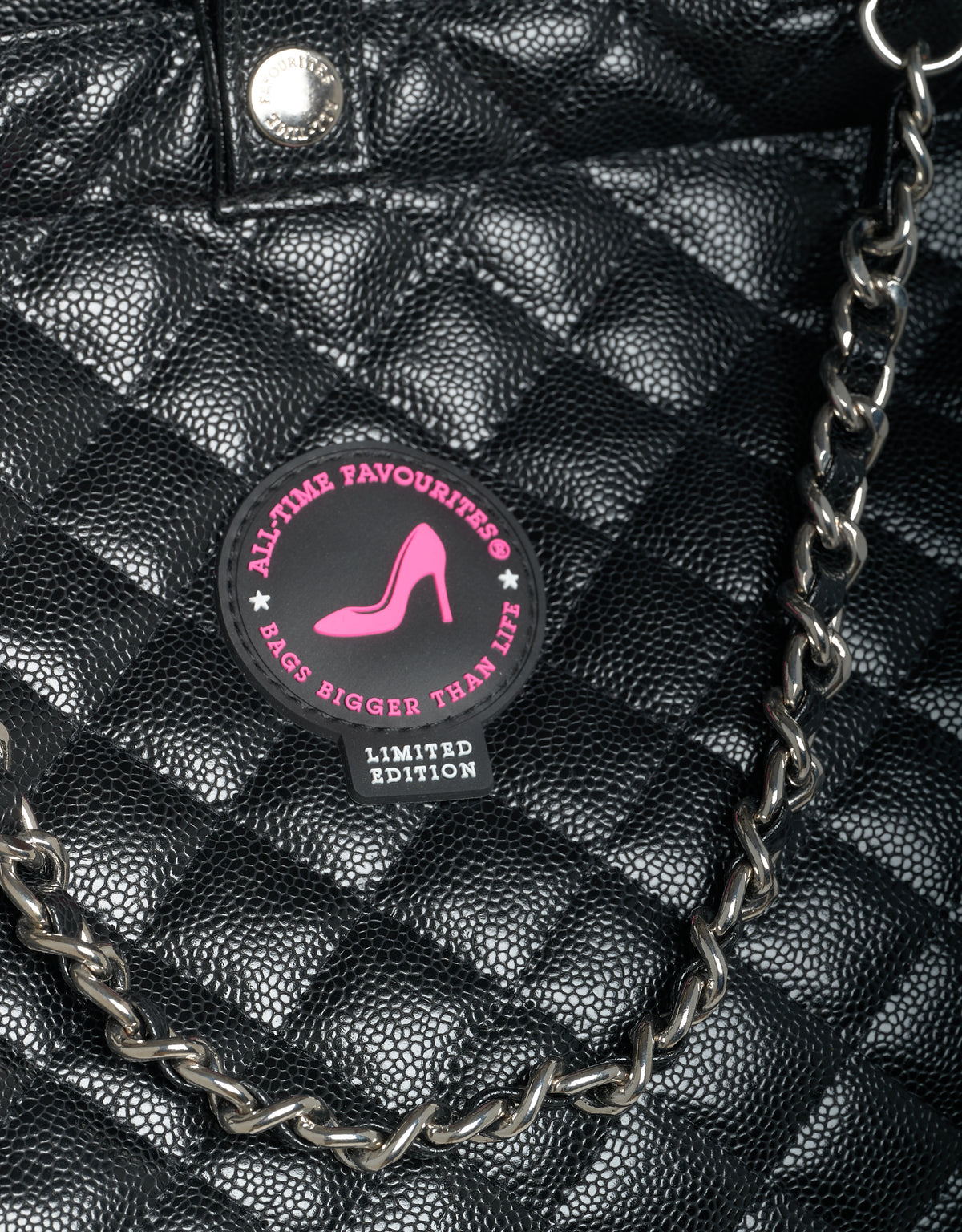 Medium Tote Bag in black caviar leather with metal chain and pin, KATE Ski Resort Limited Edition.