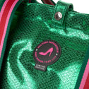 Close-up of the Tote Bag Venezia in metallic green croc print with striped pink and red handles and All-time Favourites limited edition logo badge.
