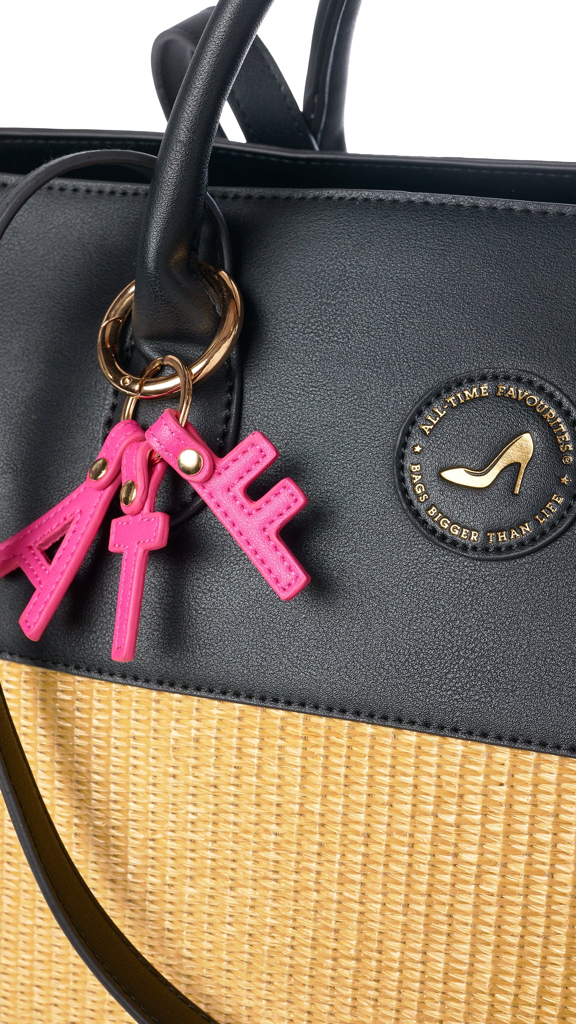 Black tote bag in vegan leather and beige straw with gold logo and pink ATF letter keychain