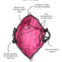Diagram of the pink inside of a ATF tote bag with features labeled, set against a white background.