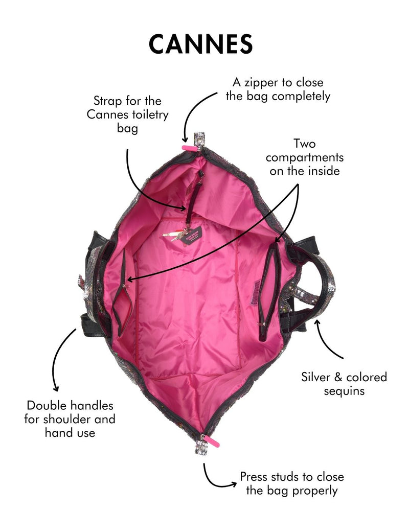 Diagram of the pink inside of a ATF tote bag with features labeled, set against a white background.
