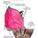 Leopard print tote bag with features labeled on a white background