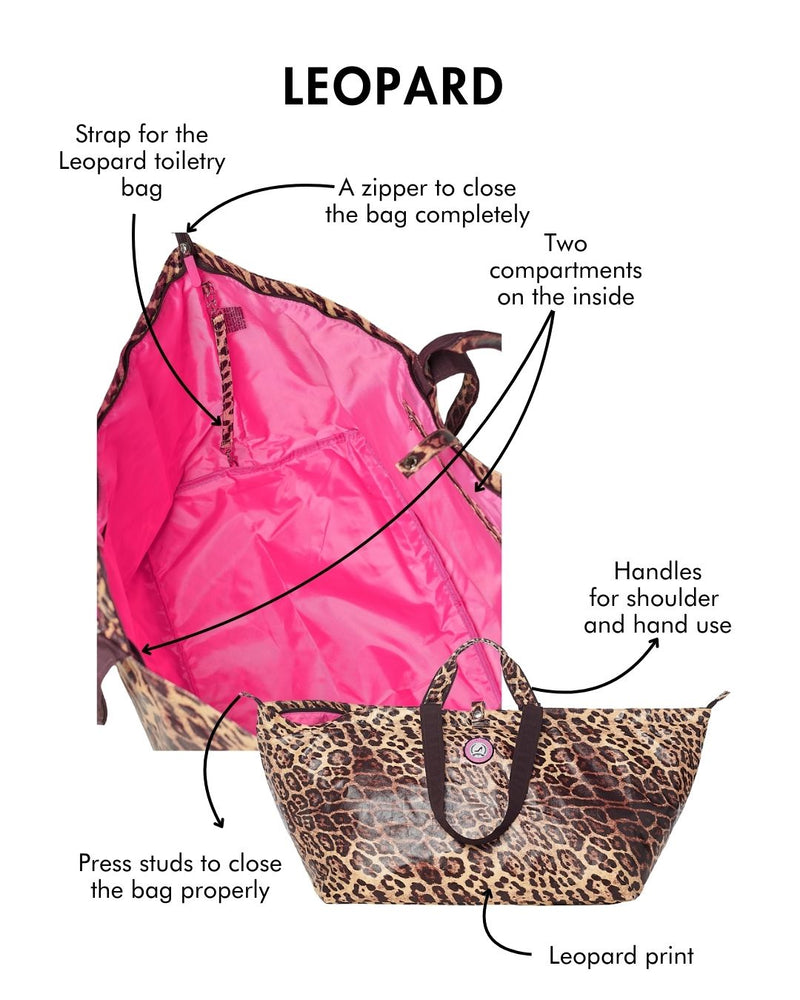 Leopard print tote bag with features labeled on a white background