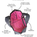 Diagram of a Hamburg tote bag with features labeled