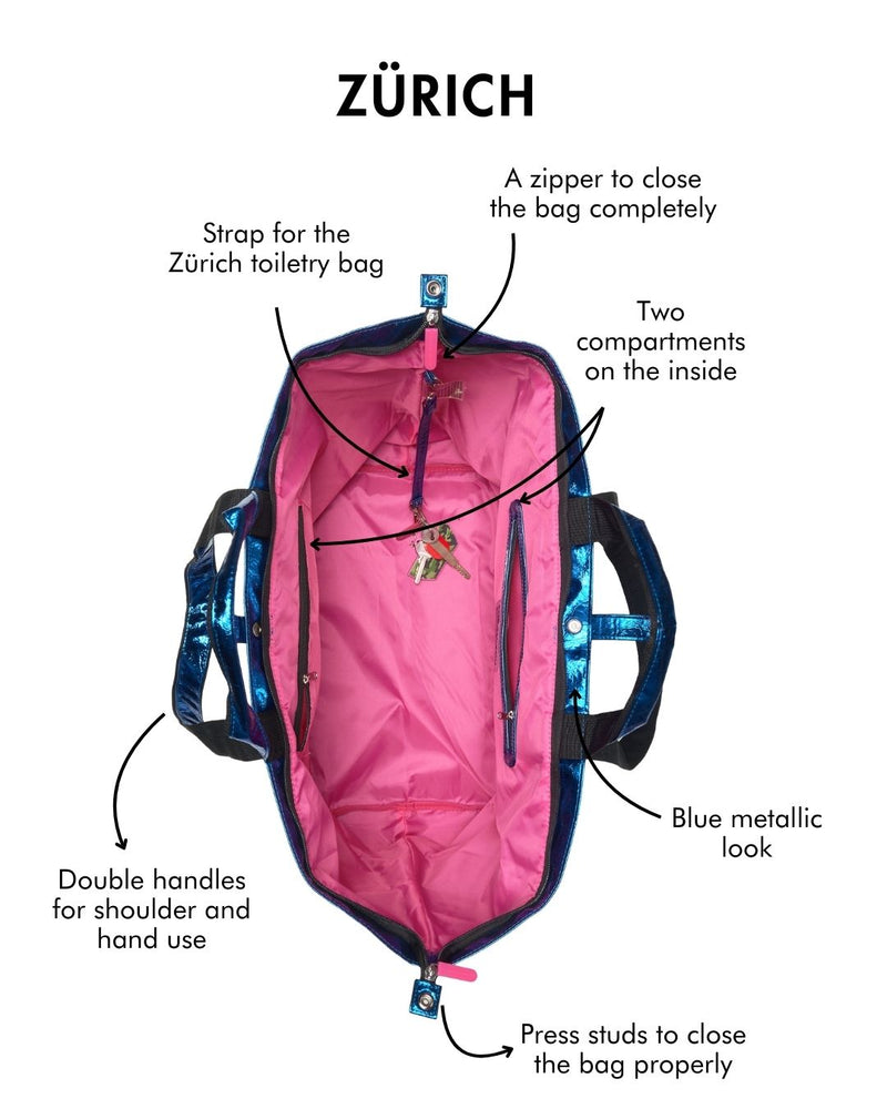Zürich tote bag with features labeled on a white background