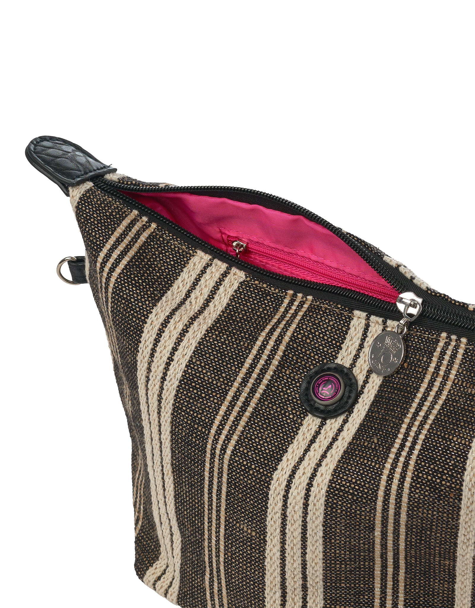 Close-up of the Toiletry Bag Galle in black and white woven stripe featuring pink lining, zip closure and All-time Favourites logo detail.