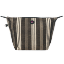 Toiletry Bag Galle in black and white vertical stripe with zipper closure, signature lucky coin charm and side ring for cord attachment inside your tote bag.