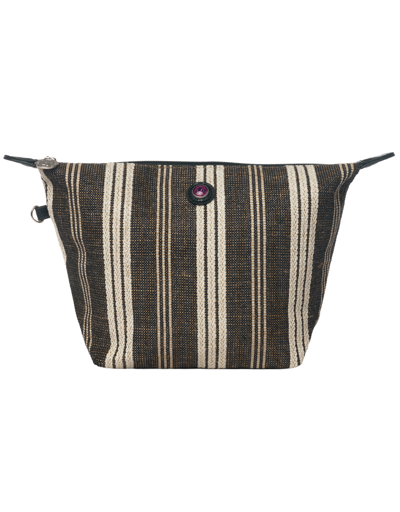 Toiletry Bag Galle in black and white vertical stripe with zipper closure, signature lucky coin charm and side ring for cord attachment inside your tote bag.