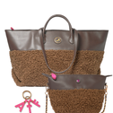 A brown and brown fleece tote bag with matching small crossbody pouch and pink keychain, displayed on a clean white background.