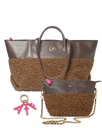 A brown and brown fleece tote bag with matching small crossbody pouch and pink keychain, displayed on a clean white background.