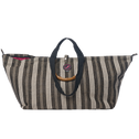 Large Tote Bag Galle in black and white vertical stripe with bamboo handles, black straps and top zipper closure.