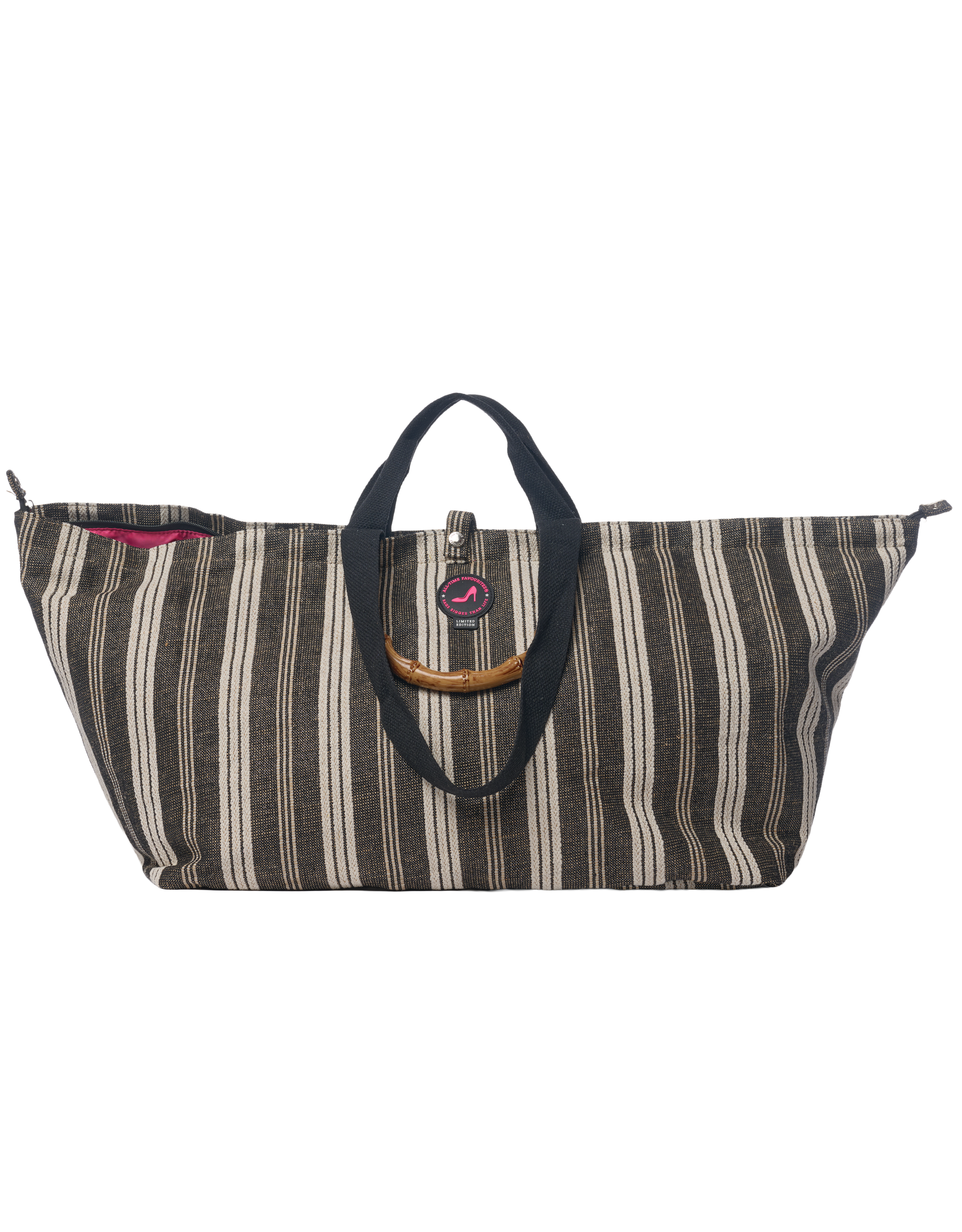 Large Tote Bag Galle in black and white vertical stripe with bamboo handles, black straps and top zipper closure.