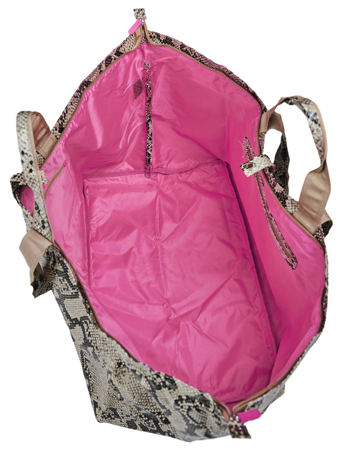 Grote draagtas met pythonprint, beige hengsels en roze voering, gezien van bovenaf. Modeaccessoire.