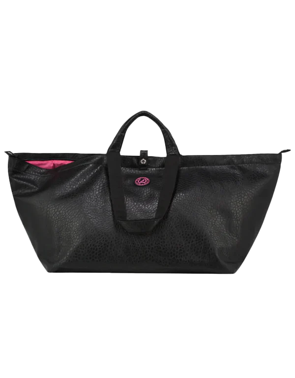 Große schwarze Tragetasche mit Krokodilprägung, zwei Henkeln und einem dezenten rosa Futterdetail in der oberen Ecke.